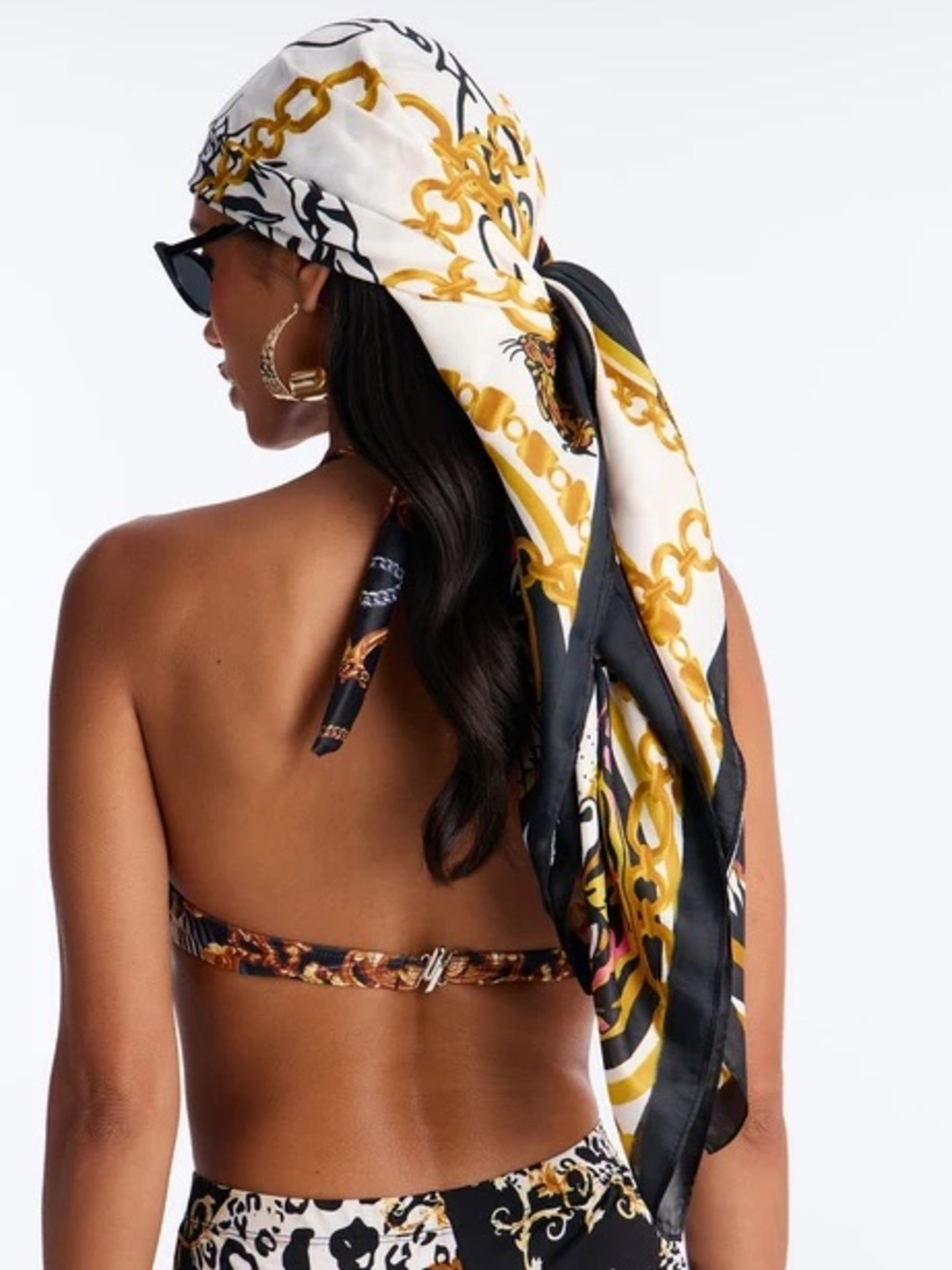 Ed Hardy Tiger Chain Print Satin Scarf Black Gold Y2K Head Wrap - Picture 2 of 5